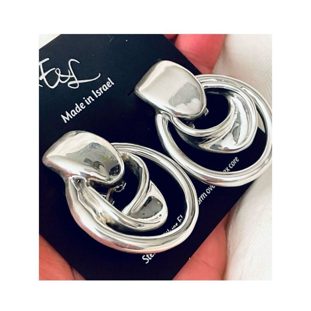 NWT E&L Made in Israel gorgeous sterling silver electroform Dangle Hoop earrings